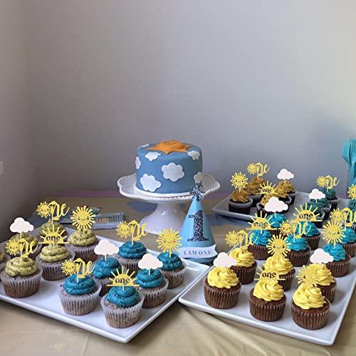 ZHUOWEISM 24 PCS Sunshine One Cupcake Toppers Gold Glitter Sun Simle Face Cloud You are My Sunshine First Birthday Cupcake Picks Baby Shower 1st Birthday Party Cake Decorations Supplies