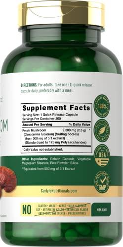 Carlyle Carlyle Reishi Mushroom Supplement 2500mg | 300 Capsules | Non-GMO, Gluten Free Reishi Mushroom Extract
