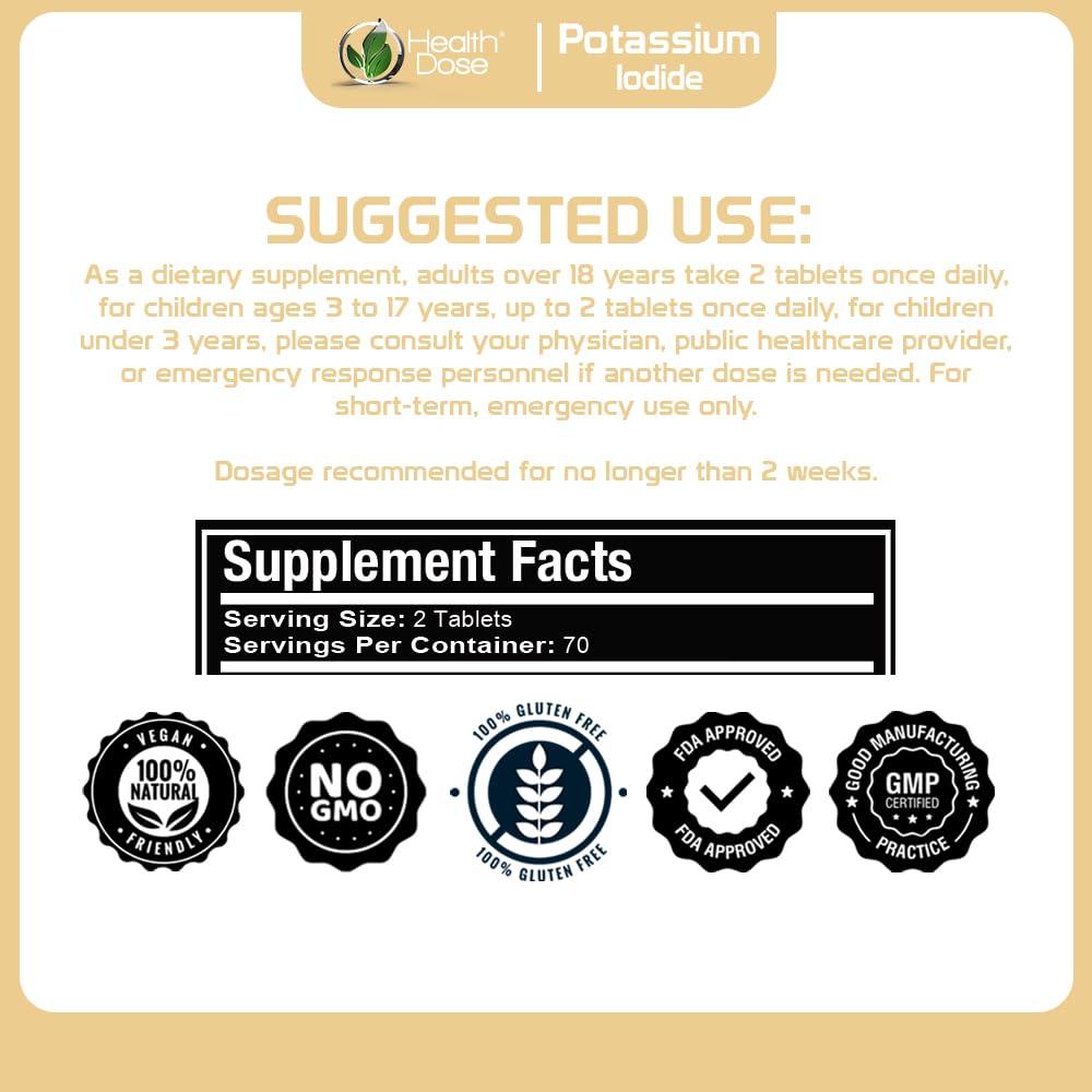 Health Dose Health Dose Potassium + Iodide (KI) Tablets 130mg 140 Tablets for Thyroid Support, Cellular Metabolism & Electrolyte Balance Non-GMO, Gluten-Free, GMP Certified, Pack of 2