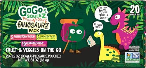 GoGo SqueeZ GoGo squeeZ Fruit & veggieZ Applesauce and Puree Variety Pack, Jurassic Pear, Roarrrr Berry & Prehistoric Peach, 3.2 oz (Pack of 20), Unsweetened Snacks for Kids, BPA Free Pouches