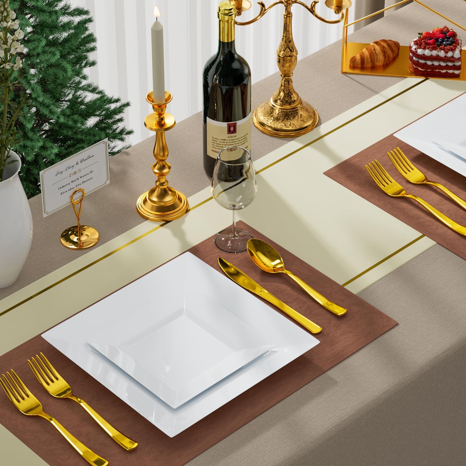 Goodluck Goodluck 100 Pack Disposable Square Plastic Plates, Heavy Duty 50pcs Dinner Plates 9.5\" and 50pcs Dessert Plates 6.5\", Fancy Disposable Plates for Wedding, Holiday Party, Birthday, White