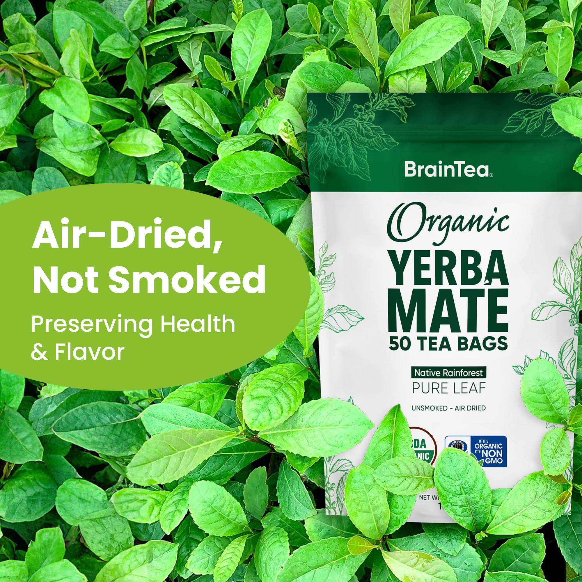 Brain Tea Yerba Mate Tea Organic - Brain Tea Organic Yerba Mate Tea bags 50 count - Native Rainforest Sourced, Unsmoked & Air-Dried, High Caffeine Matte Tea for Detox & Focus Boost - 100g