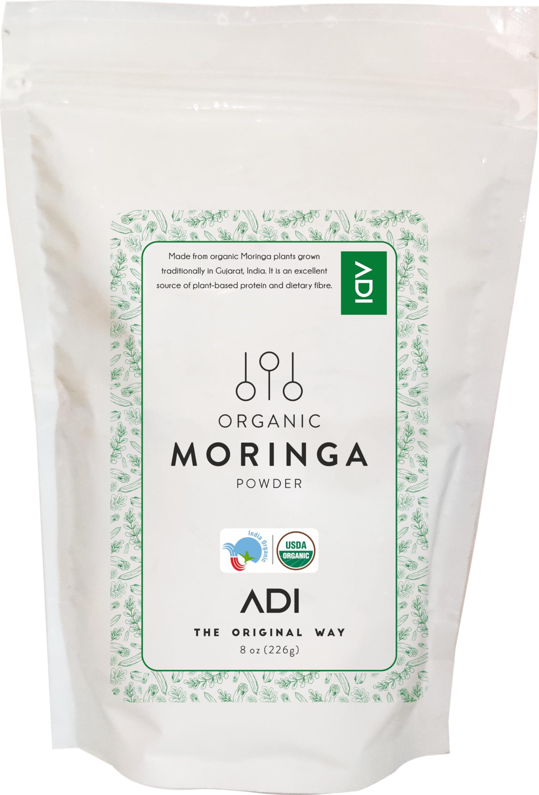 ADI ADI Organic Moringa Powder 8oz, Pure Moringa Superfood for Immune Support, Moringa Tea, Made from Organic Moringa Leaves, USDA Certified