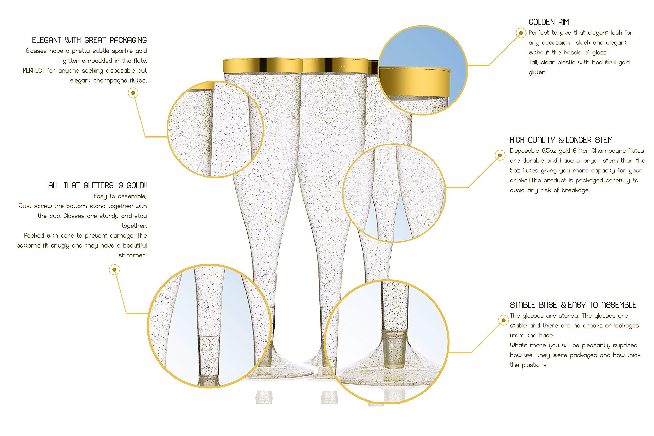 TasteOfQuality 50 Gold Rimmed Sparkle Plastic Champagne Flutes, Gold Glitter, 6.5 Oz Reusable Heavy Duty Wine Glass, Clear Plastic Toasting Glasses, Disposable Plastic Wine Glasses, cups for Bachelorette Party.
