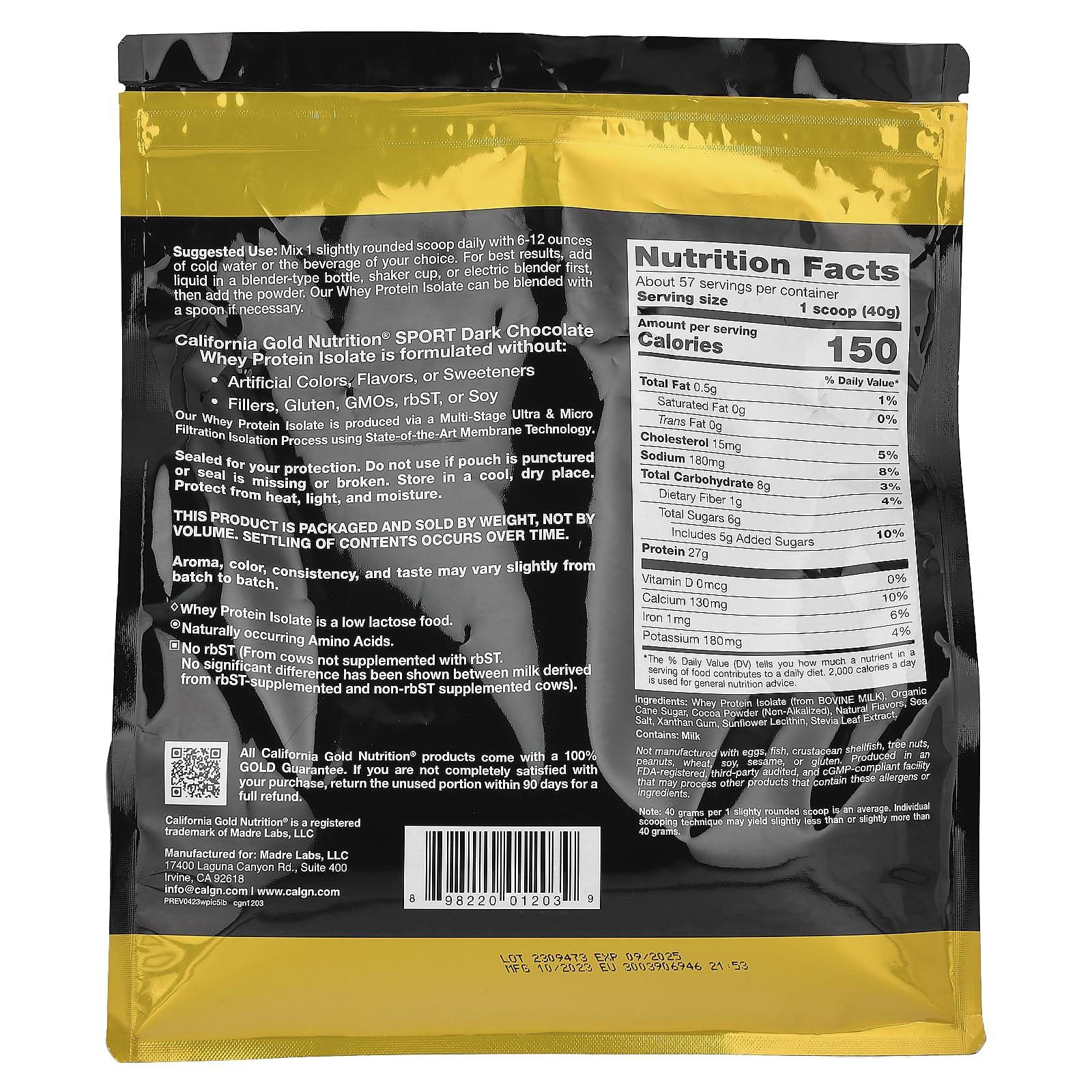 California Gold Nutrition California Gold Nutrition Sport - Dark Chocolate Whey Protein Isolate, 5 lbs (2.27 kg)