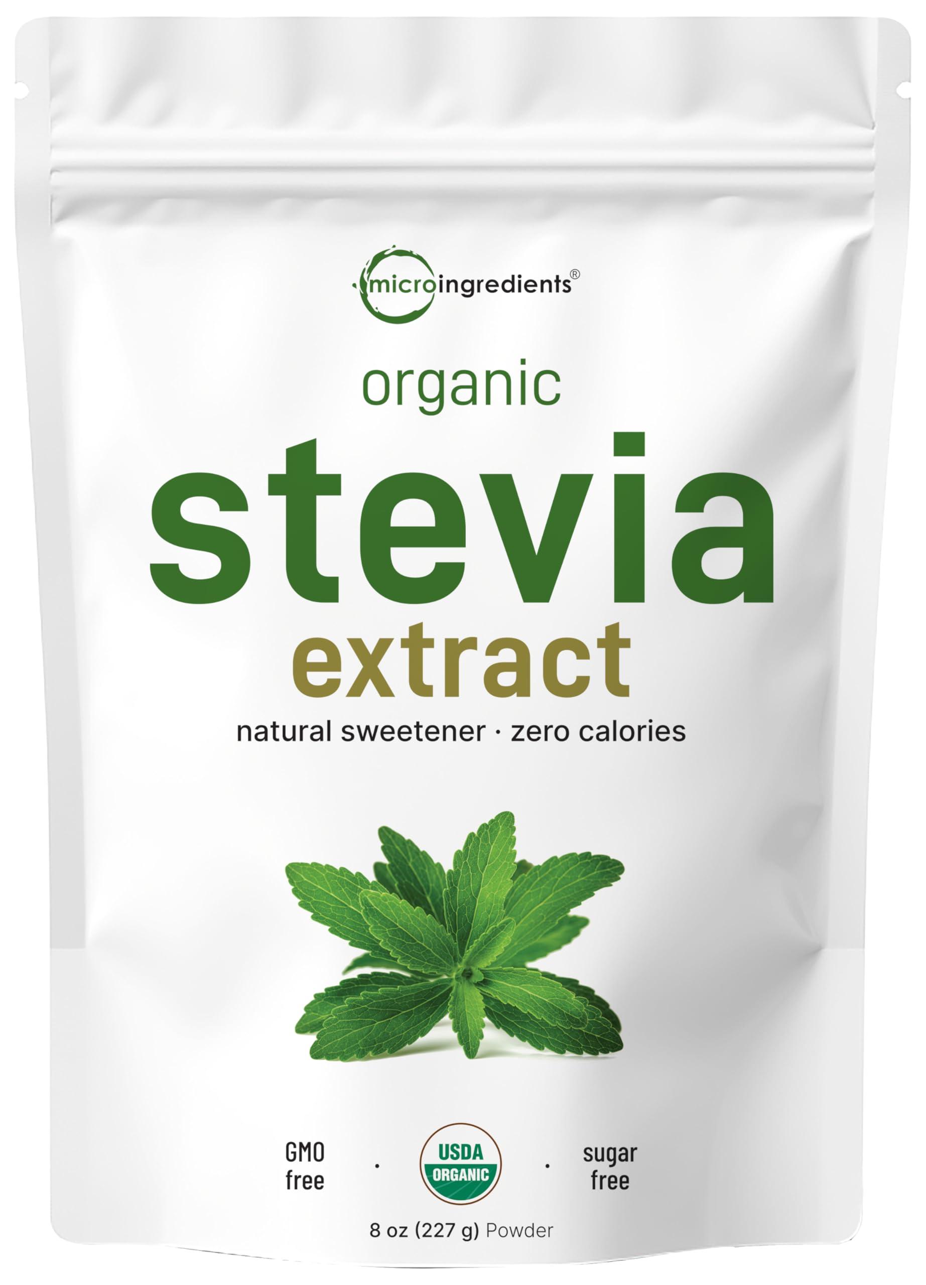 Micro Ingredients Pure Organic Stevia Powder, 8 Ounces, 1418 Serving, High Grade Stevia Green Leaf Extract Reb-A, Reduced Bitter Aftertaste, 0 Calorie, Natural Sweetener, Sugar Alternative, Keto Friendly
