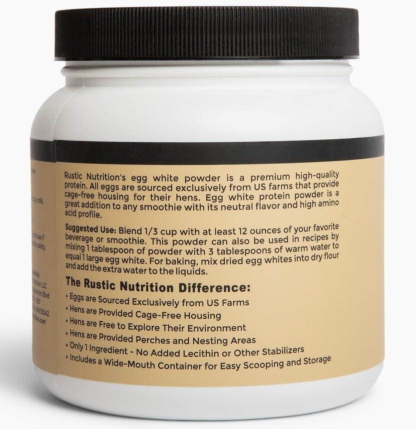 Rustic Nutrition Rustic Nutrition, Cage-Free Egg White Protein Powder, Made in USA from Humanely-Raised Cage-Free Eggs, Only 1 Ingredient, Dried Egg Whites (Unflavored, 10.5 Oz)