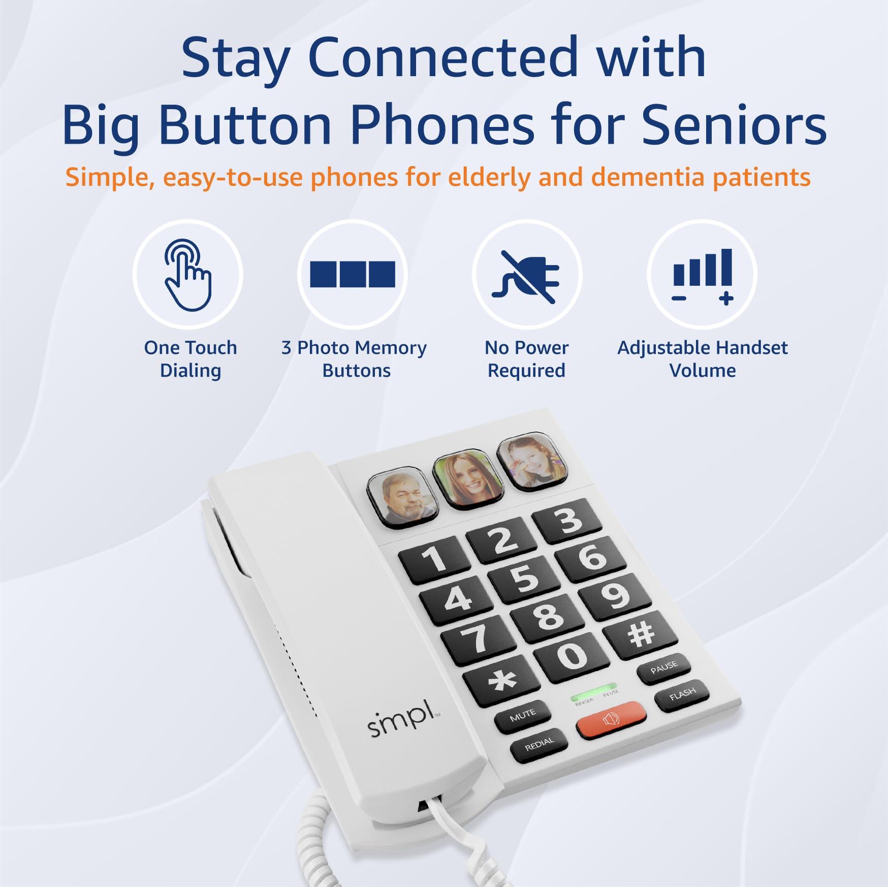 smpl SMPL Big Button Phone for Seniors, Corded Landline Phone for Elderly, Handicap, Amplify Permanently for Hearing & Vision Loss, Alzheimers, Dementia - Ideal Phone for Seniors (Model 56020)