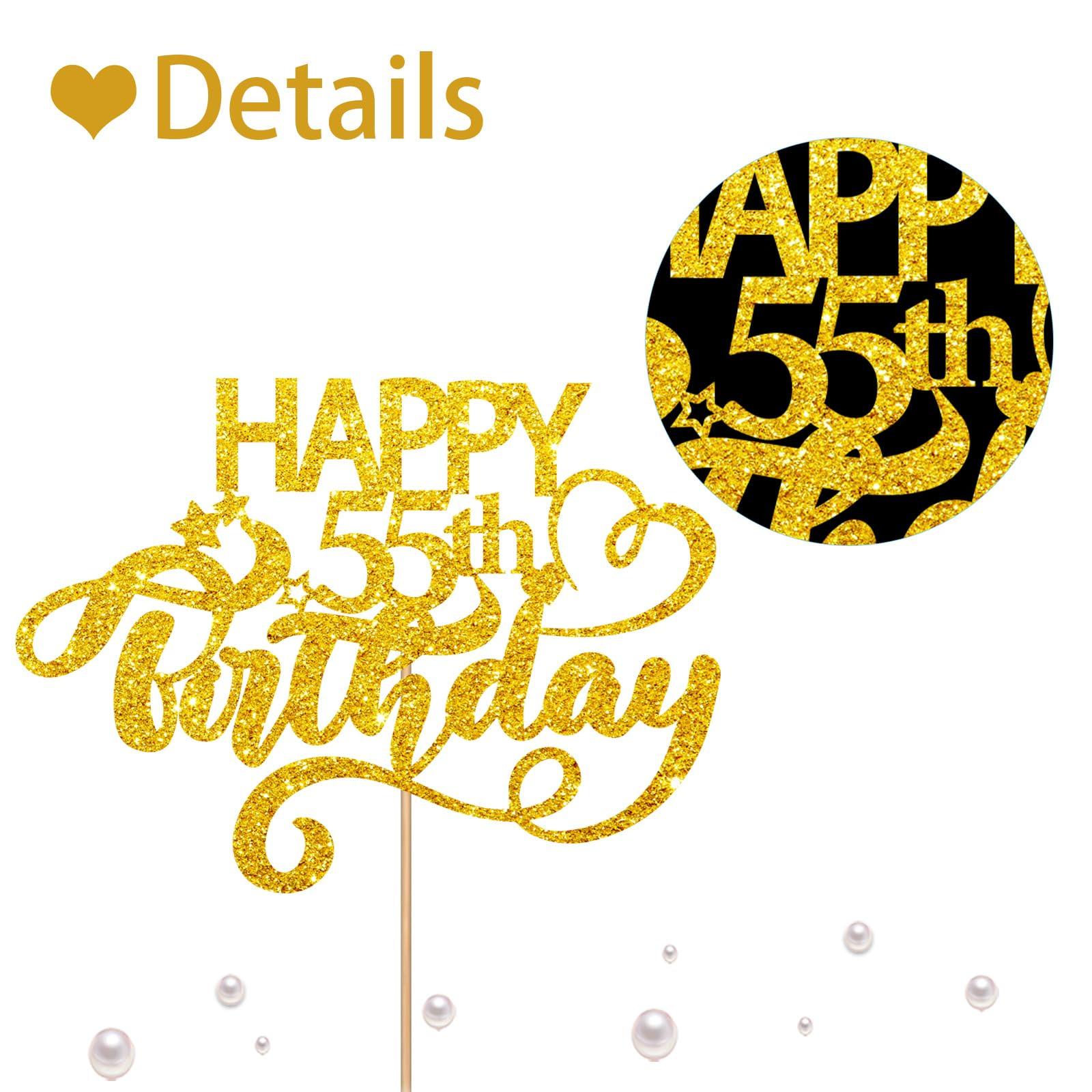 MINUET MINUTE Gold Glitter Happy 55th Birthday Cake Topper, Fifty Five Years Old Birthday Party Cake Decor, Gold Number 55 Birthday Party Supplies Decorations for Men or Women