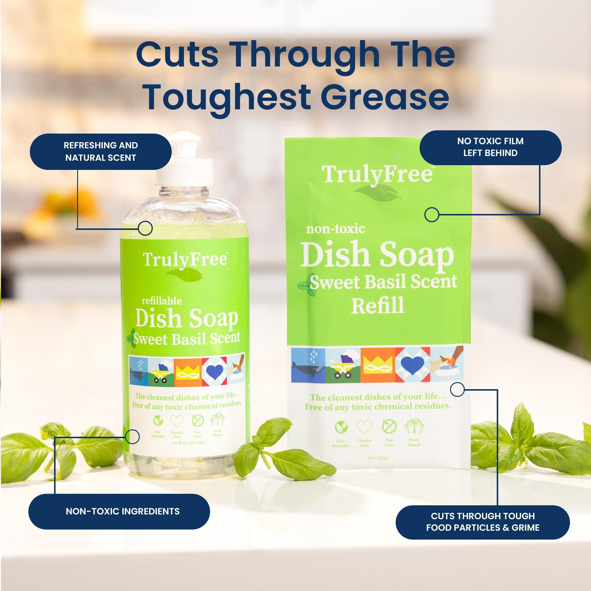 Truly Free Truly Free Natural Concentrated Dish Detergent Dishwashing Liquid | Plant-Based Dish Soap | Sweet Basil Fresh Scent | 2 Refill Packs with 1 Empty Refillable Squeeze Bottle (16 Oz)