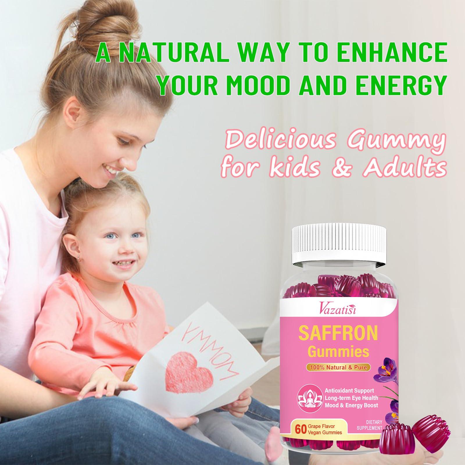 Vazatisi Natural Saffron Gummies - Sugar Free Saffron Supplement with Saffron Extract 100 mg, Magnesium, GABA, Rhodiola - Mood | Focus | Vision | Energy Support - NonGMO Vegan - 120 Gummies, 2 Month Supply