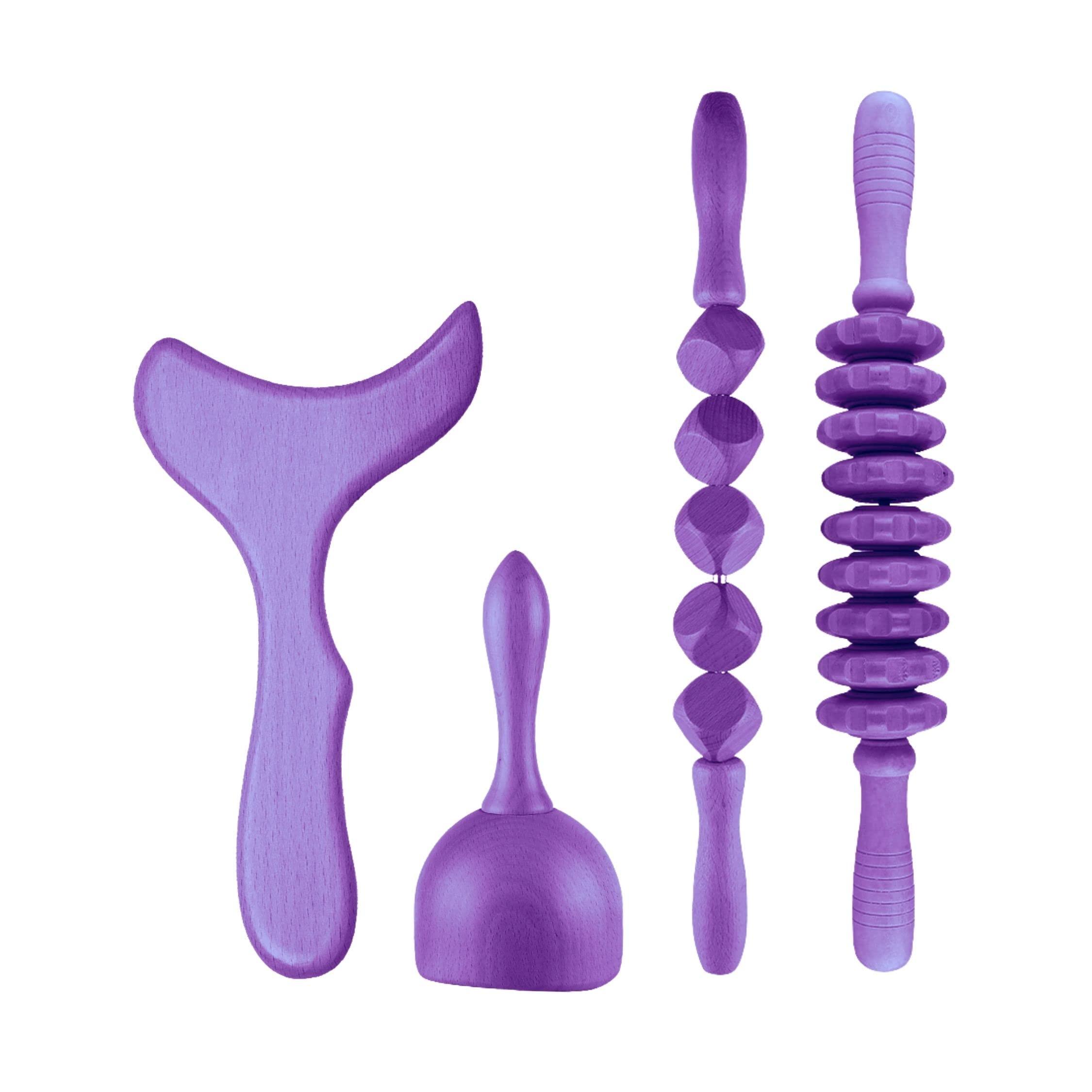 Lashicorn Lashicorn Wood Therapy Massage Tools 4 Piece Set | Hot Pink Tools | Maderoterapia Kit, Wood Therapy Massage Tools, Cube Roller, Lymphatic Drainage Massager, Engraved Massage Roller | Purple