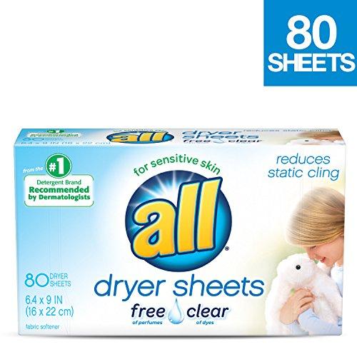 all all Fabric Softener Dryer Sheets for Sensitive Skin, Free Clear, 80 Count