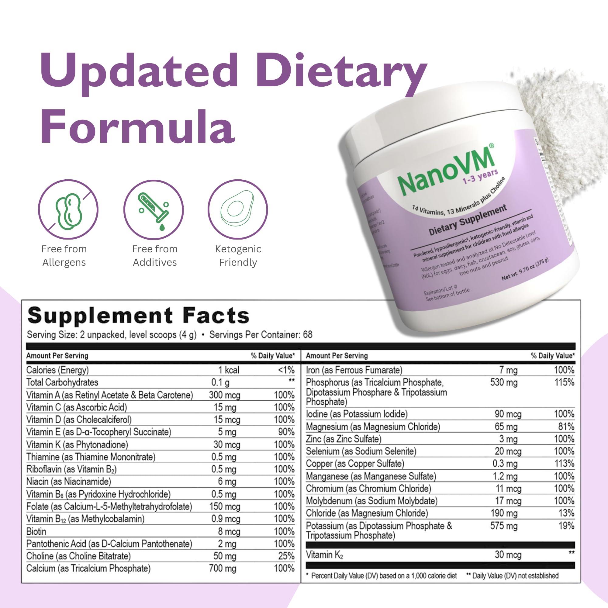 NanoVM NanoVM 1-3 Years, Allergen-Free Multivitamin for Kids, Unflavored Dietary Supplement, Powdered Supplement with 14 Vitamins & 13 Minerals, Low-Carbohydrate Toddler Vitamins, 275g - Solace Nutrition