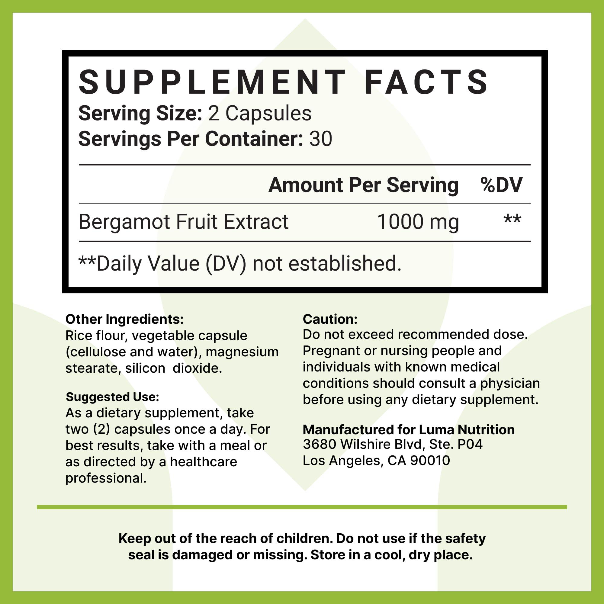 Luma Nutrition Luma Nutrition Citrus Bergamot 1000mg - Citrus Bergamot Supplement - Made in The USA - Veteran Owned - 60 Capsules