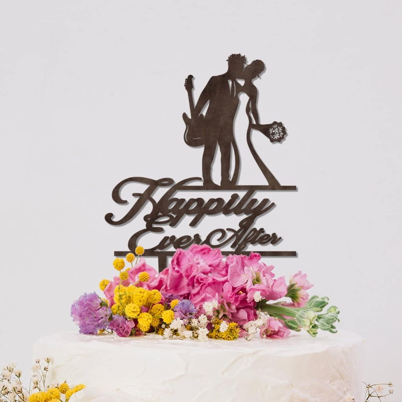 YJHLBHDIAN Silhouette Guitar Player African American Wedding Cake Topper Bride and Groom Personalized Cake Toppers Mr & Mrs Wedding Cake Toppers Couple Married Gift Personalized Cake Topper Wood Cake Topper