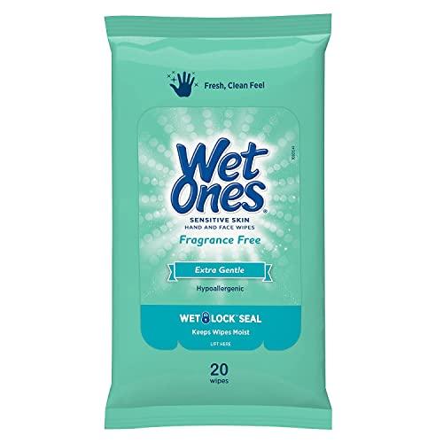 Wet Ones Wet Ones Wipes for Hands & Face, 20 Count Travel Pack (Pack of 5) 100 Wipes Total (Sensitive)