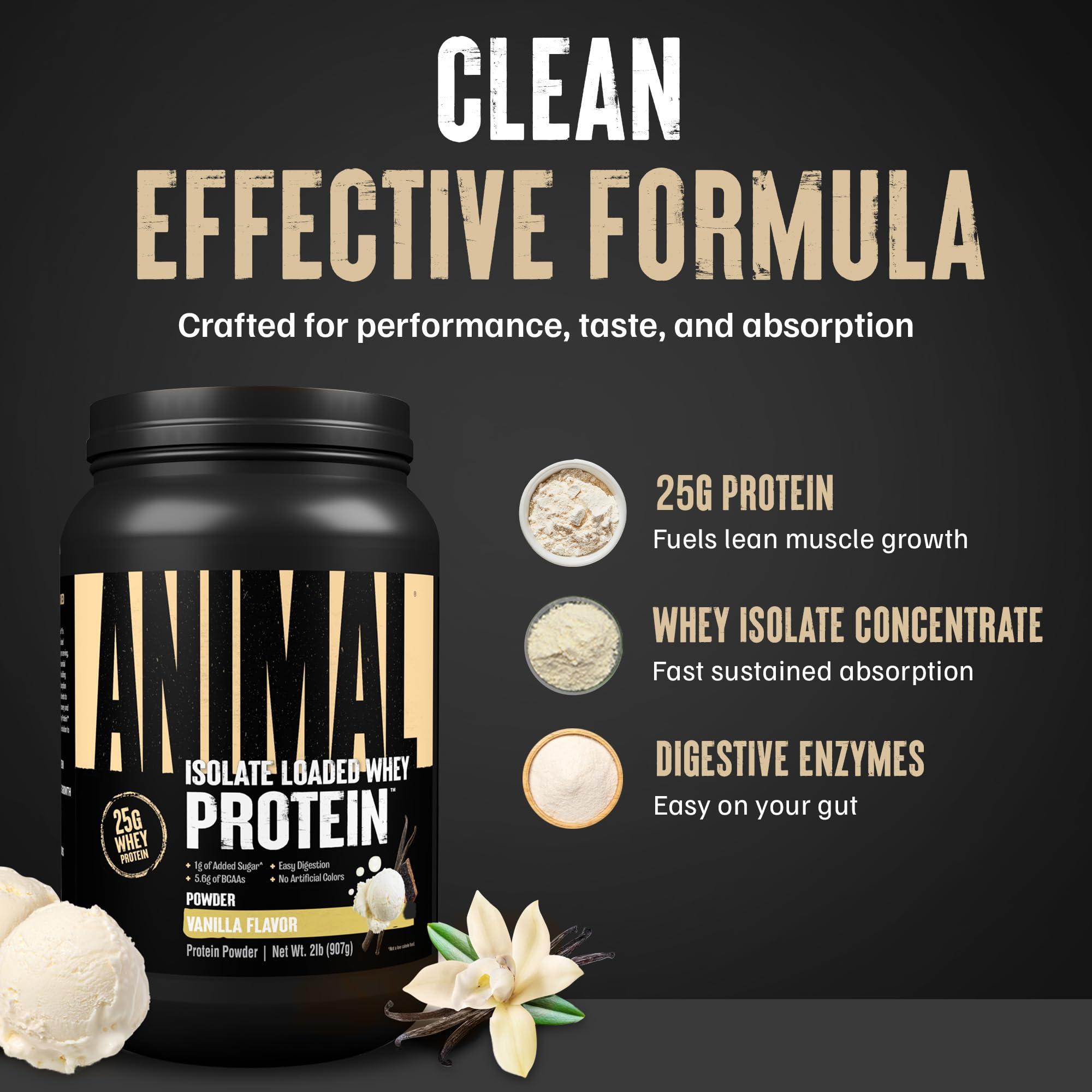Animal Animal Whey Isolate Protein Powder - Loaded for Pre & Post Workout Muscle Builder and Recovery with Digestive Enzymes for Men & Women - 25g Protein, Great Taste, Low Sugar - Vanilla 2 lbs