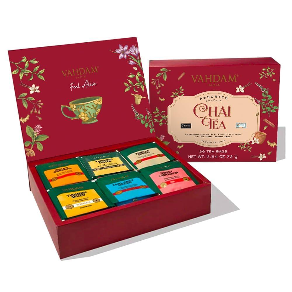 VAHDAM VAHDAM, Assorted Chai Tea Variety Pack (6 Delicious Flavors, 36 Eco Friendly Pyramid Tea Bags) Caffeinated, Gluten Free, Non GMO | Indian Masala Chai Tea Blends | Valentines Day Tea Gift Sets