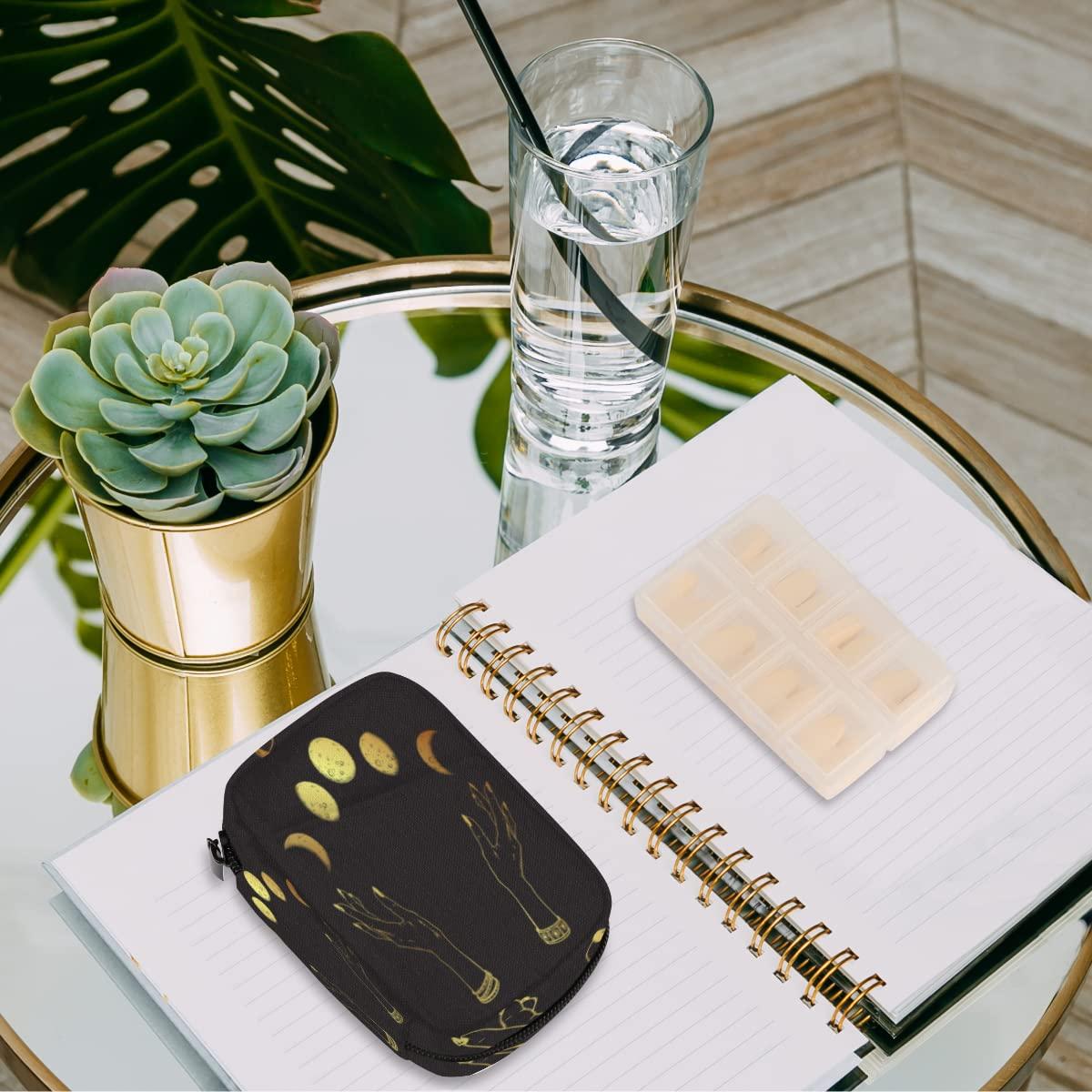 bisibuy Gold Moon Phases Pill Case Weekly Medicine Organizer with Travel Bag Seven-Day Pill Box Vitamin Supplement Box Fish Oil Pills Holder