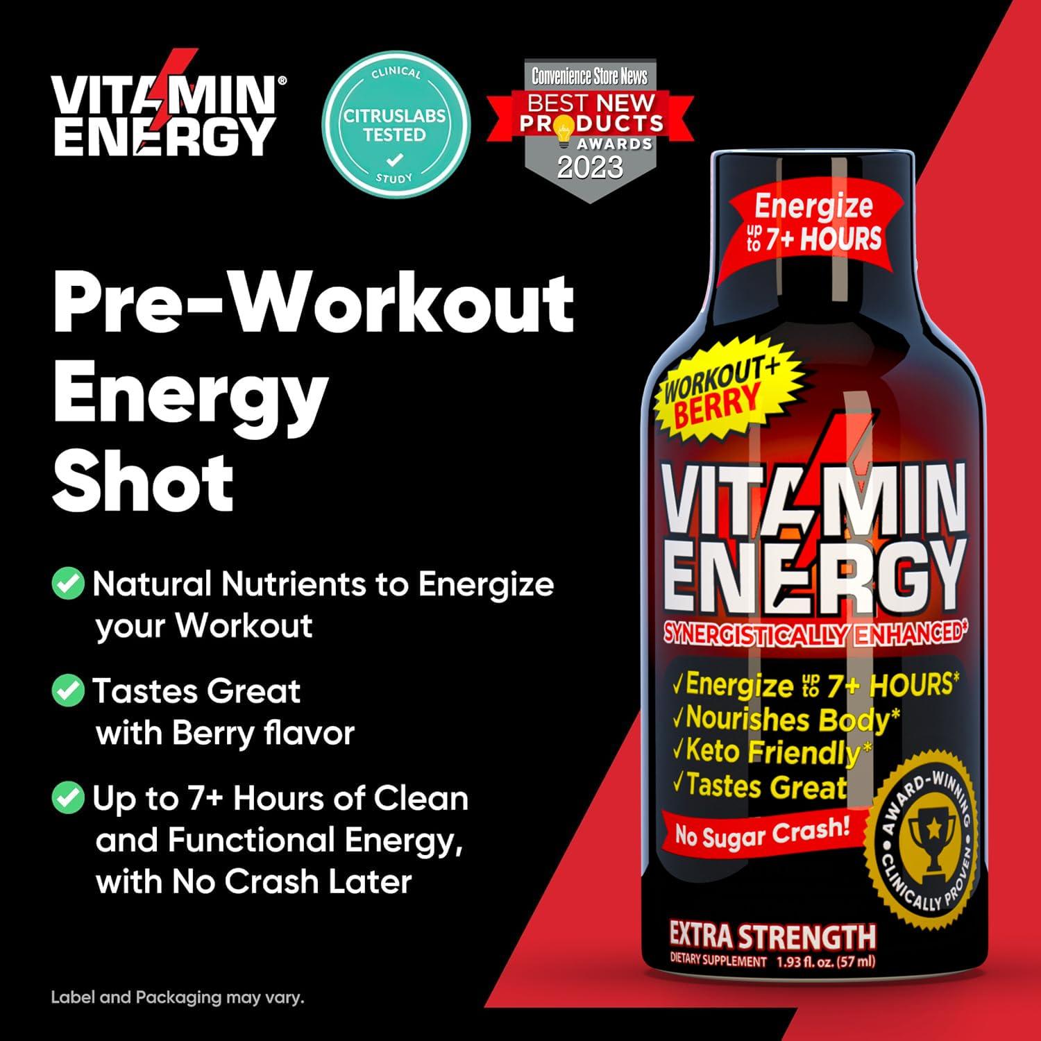 Vitamin Energy Vitamin Energy Pre Workout Drink - Keto Friendly Sugar Free Shots | Natural Clean Green Tea Caffeine with Proprietary Endurance Blend | Energize up to 7+ Hours - Berry - 1.93 Fl Oz- Pack of 48