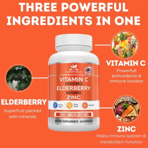 nurishable Elderberry with Zinc and Vitamin C For Adults - Vitamin C 1000mg Capsules with Zinc 50mg & Elderberry for Immune Support & Antioxidant Protection - Easy To Swallow, Non-GMO - 60 Veggie Capsules
