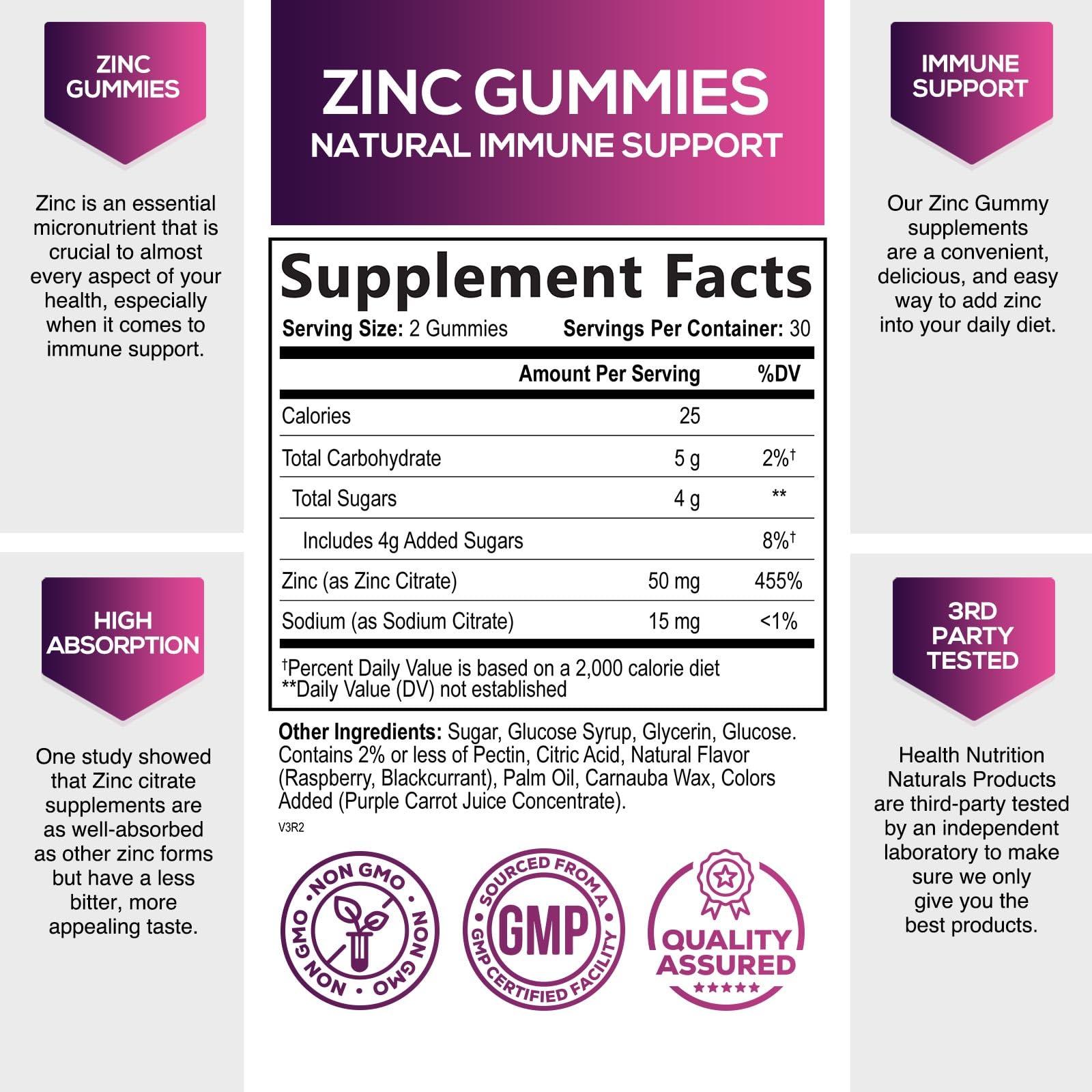 Health Nutrition Naturals Zinc Supplement Gummies 50mg, Max Strength Bone, Skin & Immune Support Zinc Supplements for Women & Men, Vegan, Non-GMO & Gluten Free, Immune Health Support, Antioxidant Zinc Vitamins - 60 Gummies