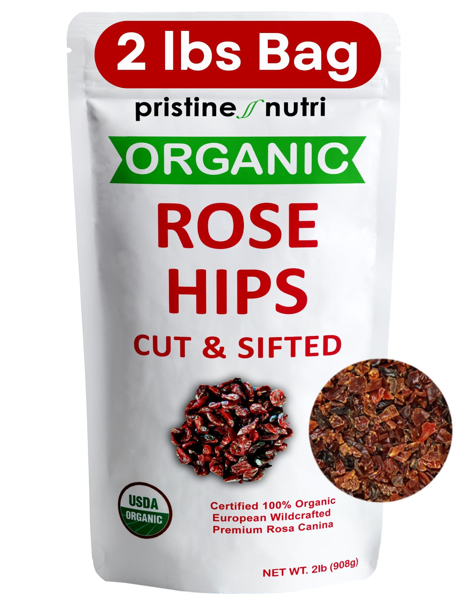 pristine nutri 2 lb (32 oz) Rose Hips Dried Organic Bulk, Organic Rosehips Cut & Sifted, 95% Seedless, European All Natural, Rosehips Dried Organic Bulk, Makes 140 Cups of Vitamin C Rich Tea (packaging may vary)