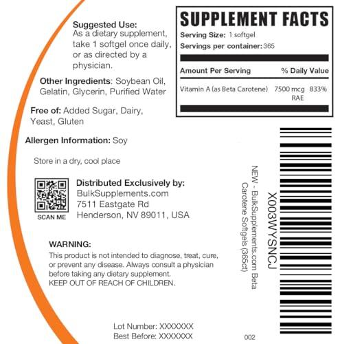 BulkSupplements BulkSupplements.com Beta Carotene 25000 IU Softgels - Vitamin A Supplement, Beta Carotene Supplements - for Eye Support, Gluten Free, 1 Softgel per Serving, 365 Count (Pack of 1)