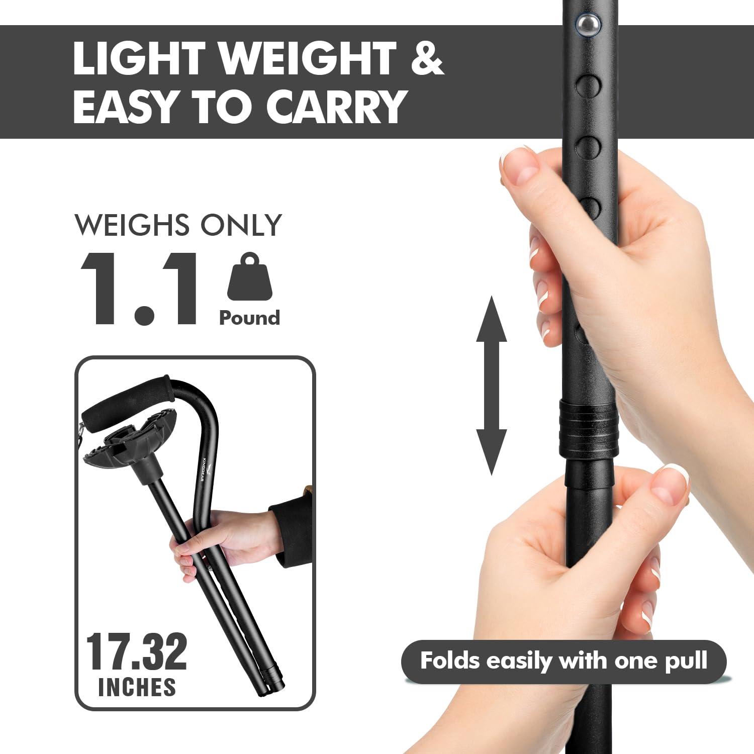 KINGGEAR KINGGEAR F1 Walking Stick, Walking Cane for Women & Men with Wrist Strap, Lightweight & Sturdy Offset EVA Handle, Large Quad Base, Self Standing for Seniors and People with Injuries & Recovery