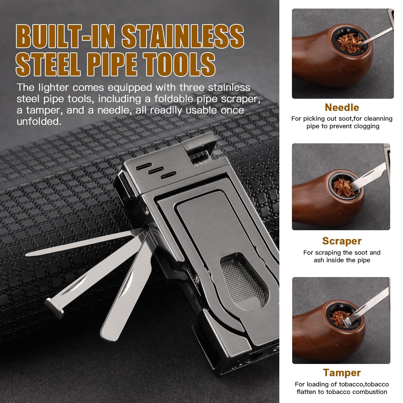 LIHTUN LIHTUN Pipe Lighter with Pipes Stand, Refillable Butane Lighters with Stainless Steels 3 Pipe Tools Cleaner, 5 in 1 Soft Flame Lighter, Portable Pipe Lighters for Outdoor Indoor with Gift Box