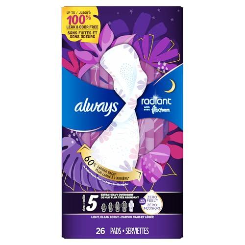 Always Always Radiant FlexFoam Pads for Women, Size 5, Extra Heavy Overnight Absorbency, 100% Leak & Odor Free Protection is Possible, with Wings, Scented, 26 Count