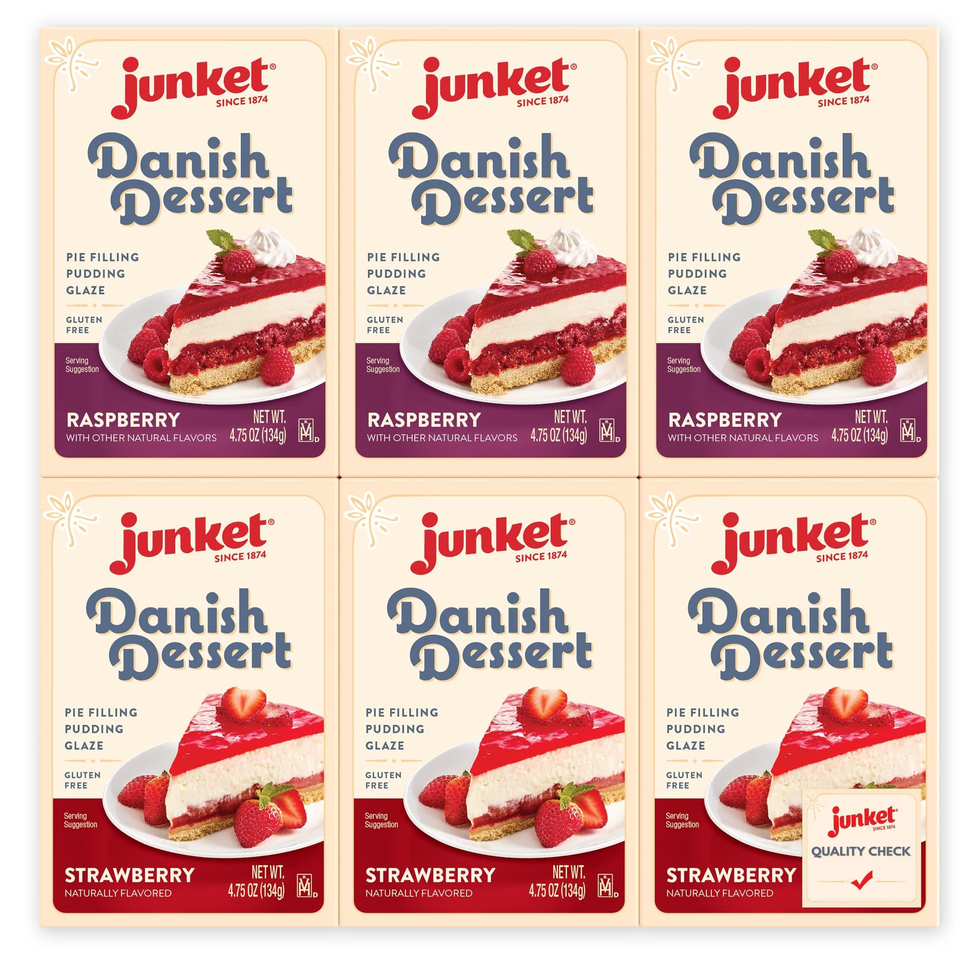 Junket Junket Danish Dessert Raspberry and Strawberry Mix - for Pie Filling, Cheesecake Topping, Sauces, Puddings, and Glazes. Add Water, Heat 60 Seconds, Add Fresh Fruit! 4.75 Ounce (Variety Pack of 6)