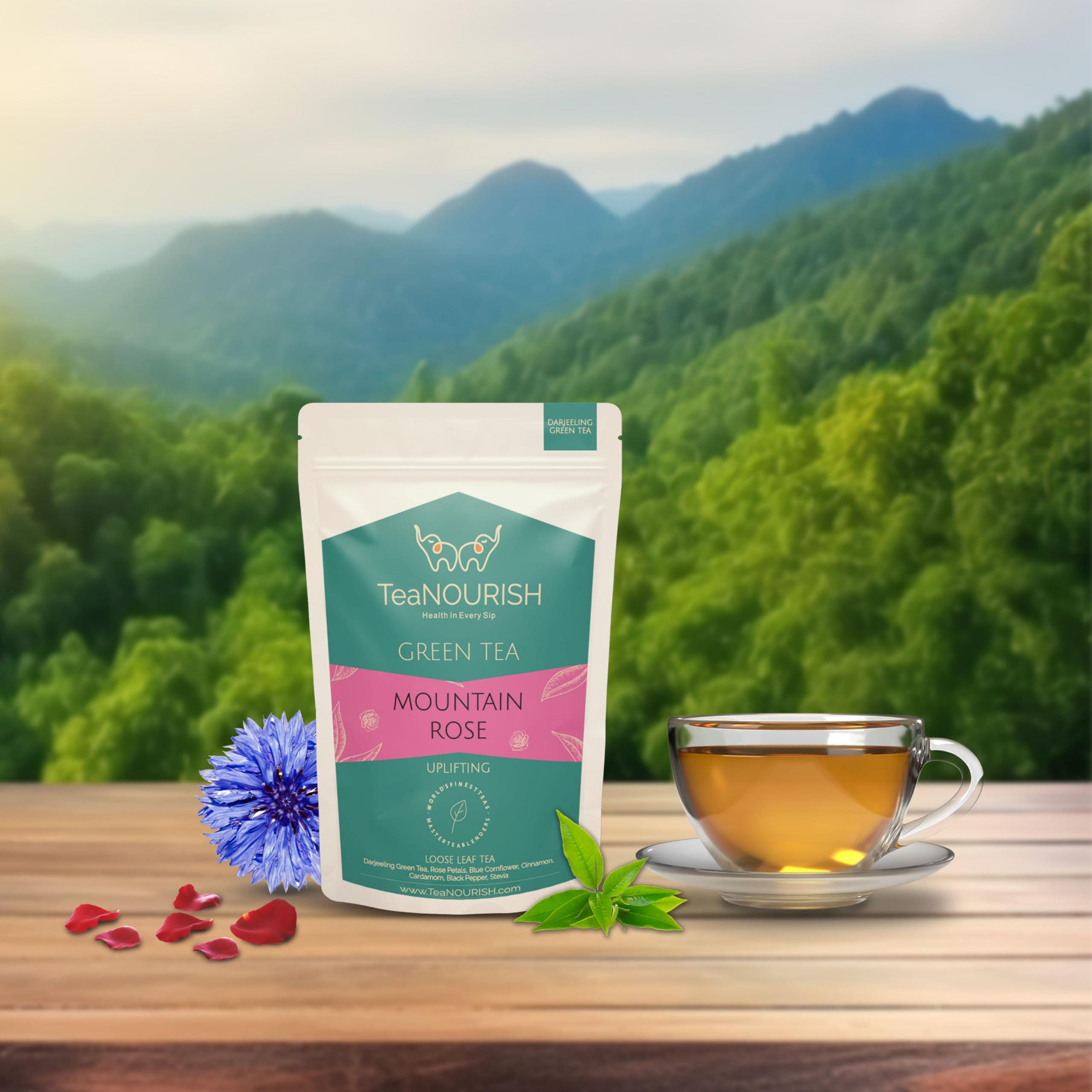 TEANOURISH TeaNOURISH Mountain Rose Green Tea | Loose Leaf Tea | Blended with Rose Petals, Blue Cornflower & Cinnamon | 100% NATURAL INGREDIENTS | Brew Hot or Iced Tea - 1.76oz/50g
