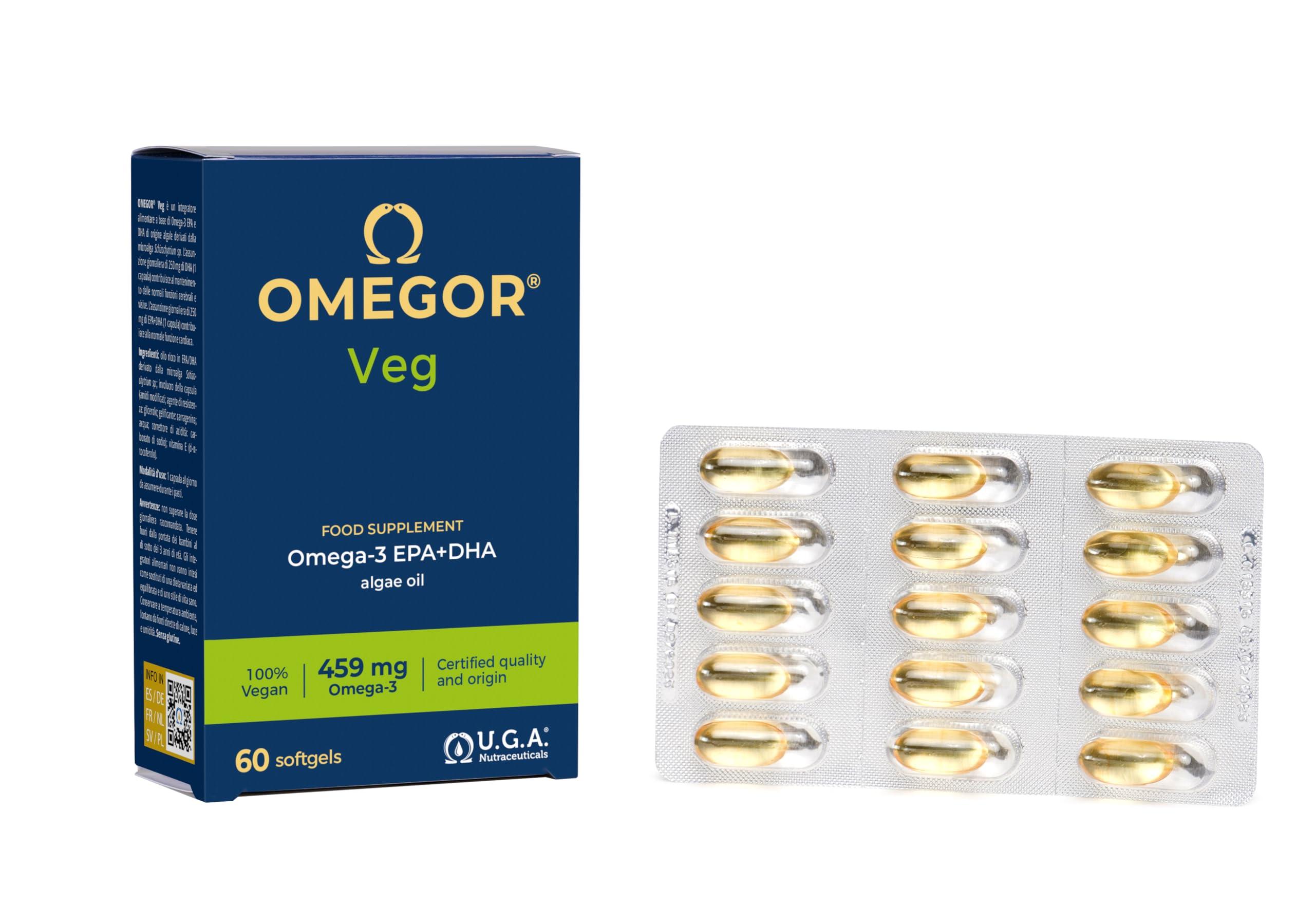 OMEGOR Omegor Veg Omega-3 Vegan (60 Capsules) Plant-Based Omega-3 Derived from Algal Oil, Enriched with Vitamin E Contains 250mg DHA and 125mg EPA per Capsule IFOS and Vegan Society Certified