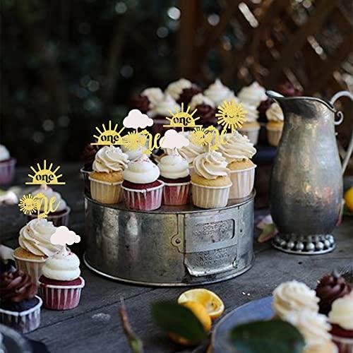 ZHUOWEISM 24 PCS Sunshine One Cupcake Toppers Gold Glitter Sun Simle Face Cloud You are My Sunshine First Birthday Cupcake Picks Baby Shower 1st Birthday Party Cake Decorations Supplies
