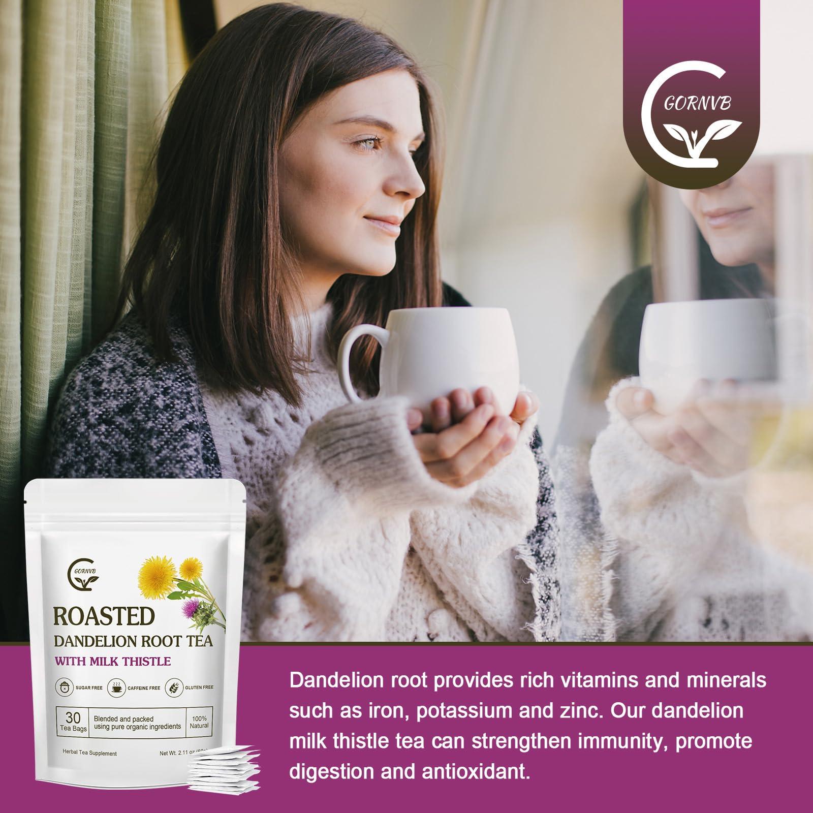 GORNVB Organic Roasted Dandelion Root Tea with Milk Thistle Tea - Supports Kidney Function and Liver Function, 30 Tea Bags