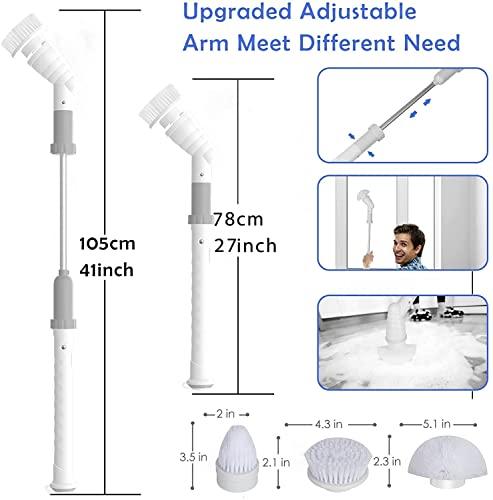 opodee Electric Spin Scrubber, Electric Cleaning Brushes with Extendable Handle and 4 Replaceable Brush Heads, Cordless Spin Scrubber with 1.5 HrsPower Cleaning Brush for Bathroom Floor Tile (White)