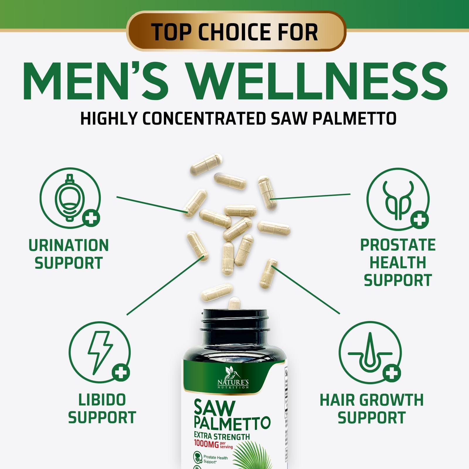Nature's Nutrition Saw Palmetto for Men Prostate Health Supplement - 1000MG Saw Palmetto Extract Prostate Support Supplement, Prostate Supplements for Men\'s Health Support, Prostate Urinary Health Support, 60 Capsules