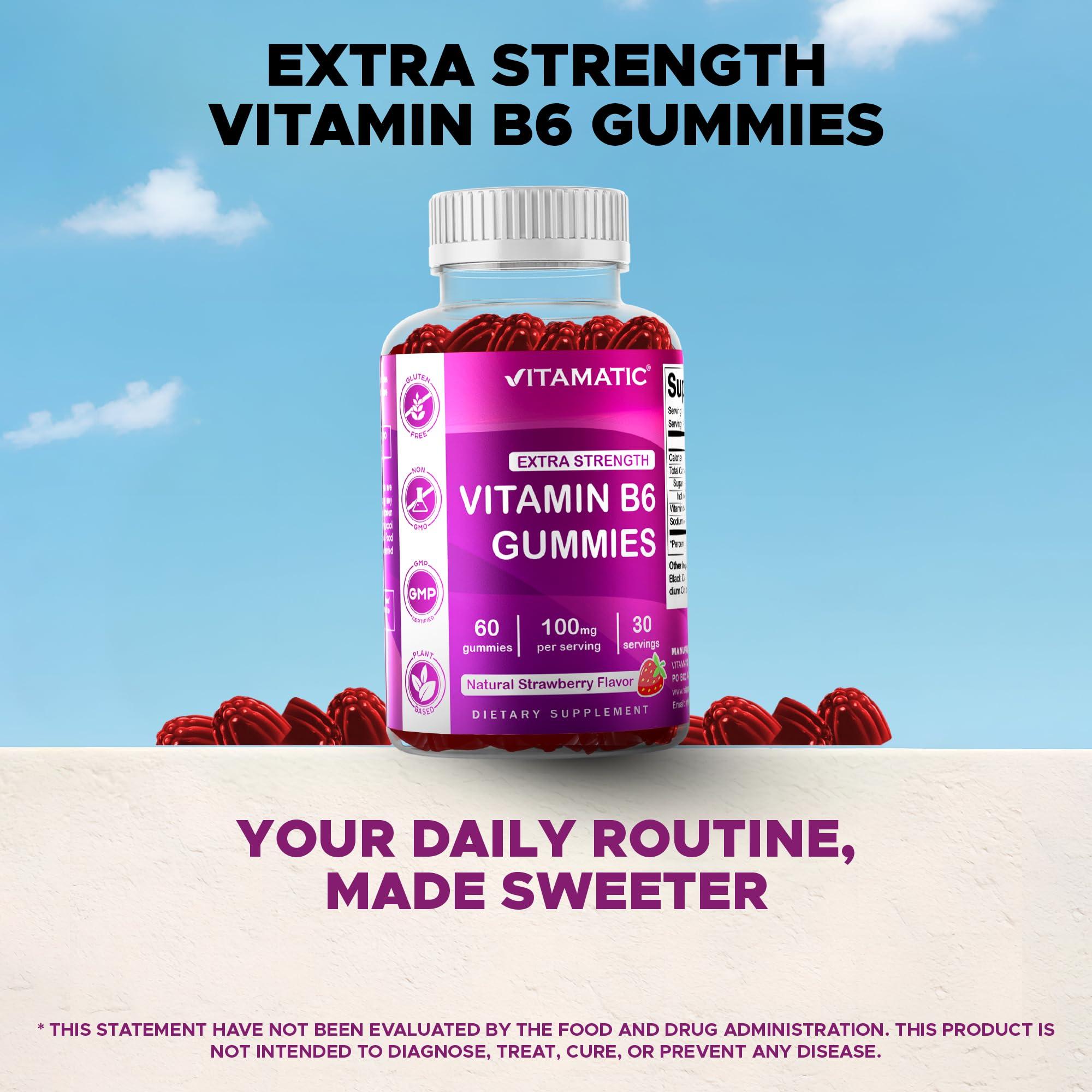 Vitamatic Vitamatic 2 Packs Vitamin B6 100mg - Strawberry Flavor - 60 Pectin Based Gummies - Supports Nervous System