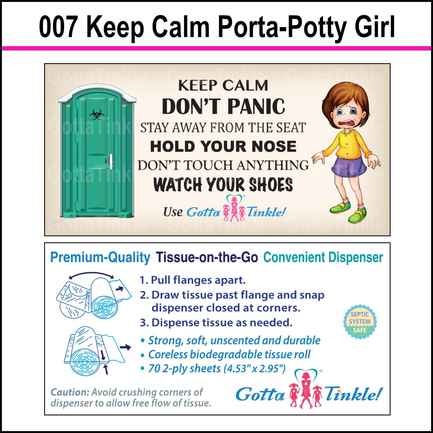 Gotta Tinkle! Premium Mini Toilet Paper Rolls | Travel-Size for Purses | Convenient Plastic Dispenser | Toilet, Porta Potty & Outhouse Humor (3-Pack) (007 Keep Calm Porta Potty - Girl)
