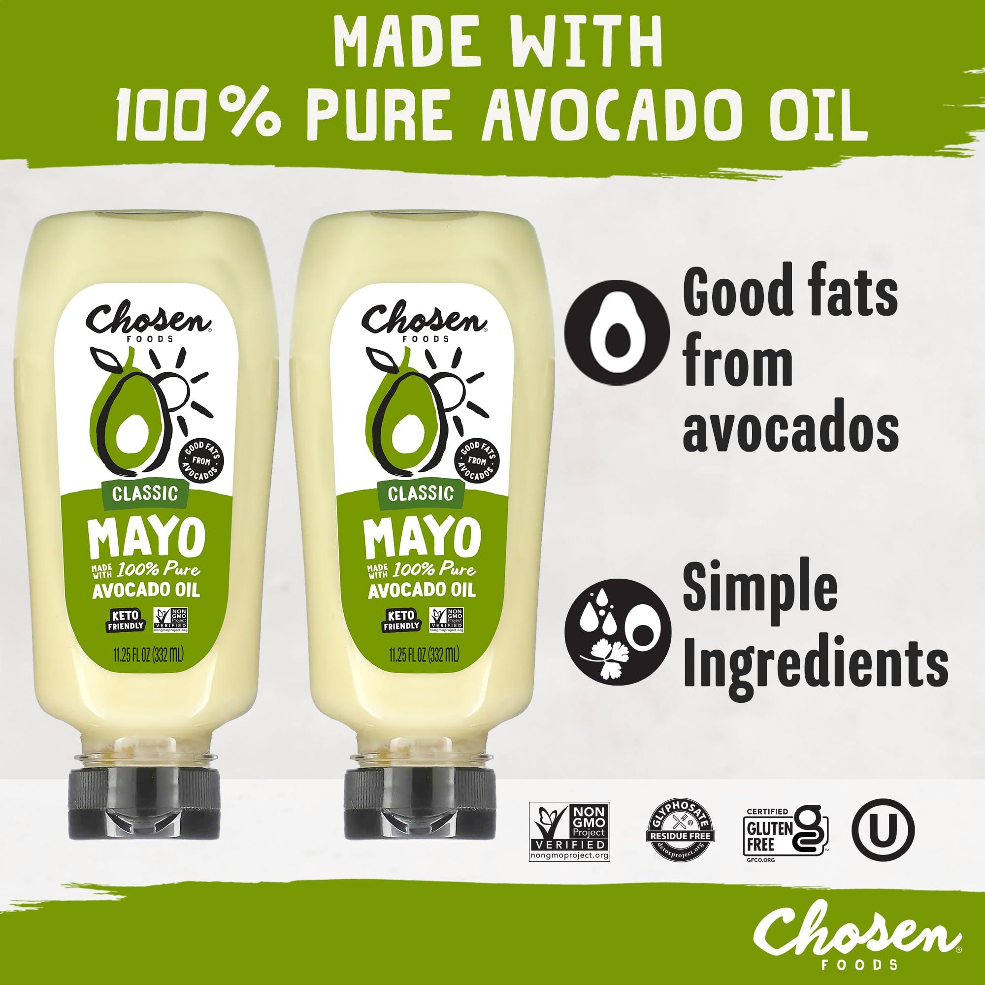 Chosen Foods Chosen Foods 100% Avocado Oil-Based Classic Mayonnaise, Gluten & Dairy Free, Low-Carb, Keto & Paleo Diet Friendly, Mayo for Sandwiches, Dressings and Sauces, Made with Cage Free Eggs (11.25 fl oz, 2 Pack)