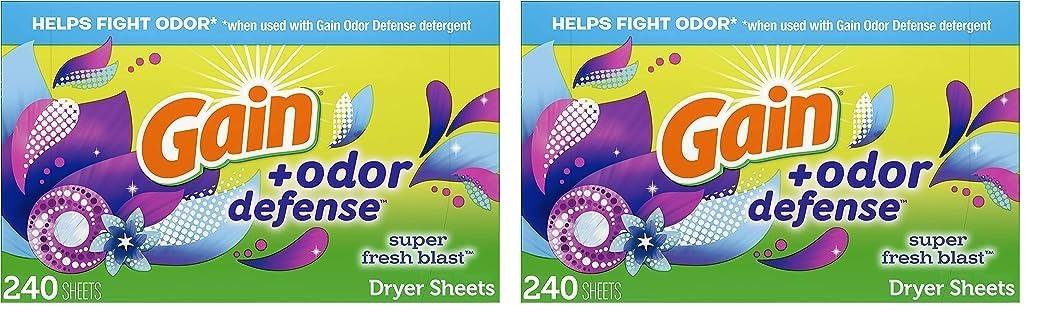Gain Gain + Odor Defense Dryer Sheets, Super Fresh Blast Scent Fabric Softener Sheets, 240 ct (Pack of 2)