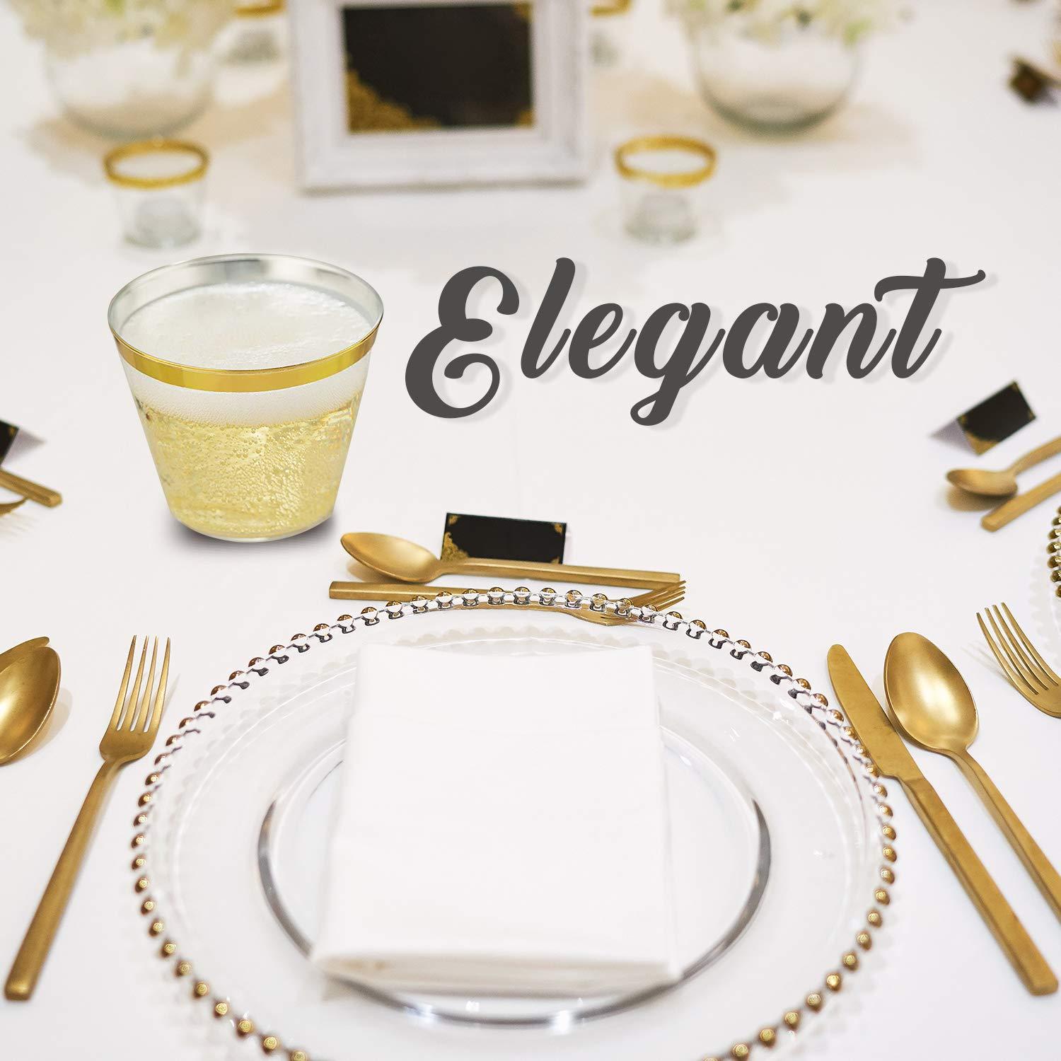 DECPREP Gold Rimmed Clear Cups 9 oz. | Old Fashioned Tumblers | Elegant Plastic Party Cups | Fancy Disposable Wedding Cups | Heavy Duty Gold Rimmed Cups (100 ct)