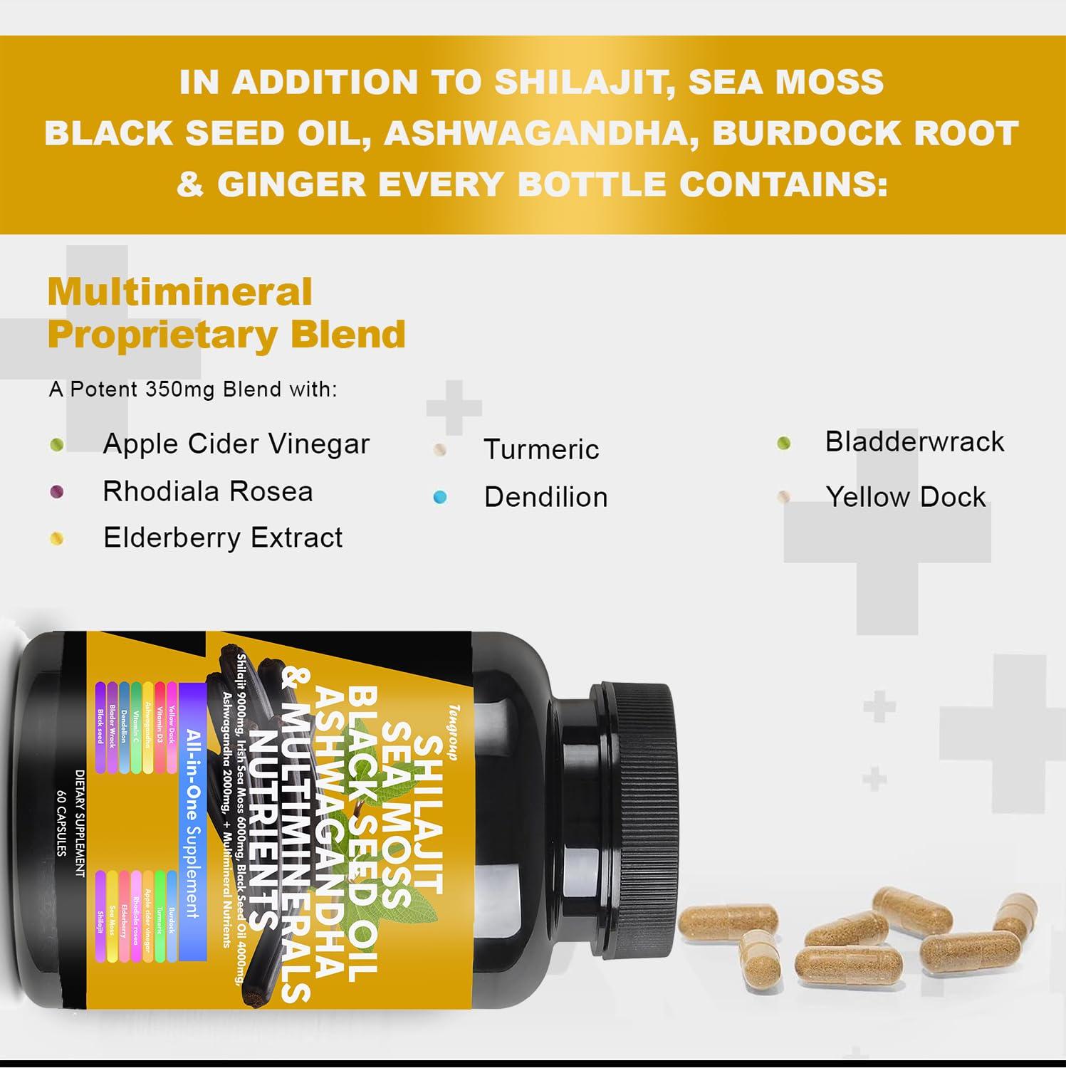 Tengroup Shilajit 9000mg Sea Moss 6000mg Black Seed Oil 4000mg Ashwagandha 2000mg Burdock 1000mg & Vitamin C & D3 with Elderberry rhodiola rosea Dandelion Yellow Dock Turmeric ACV
