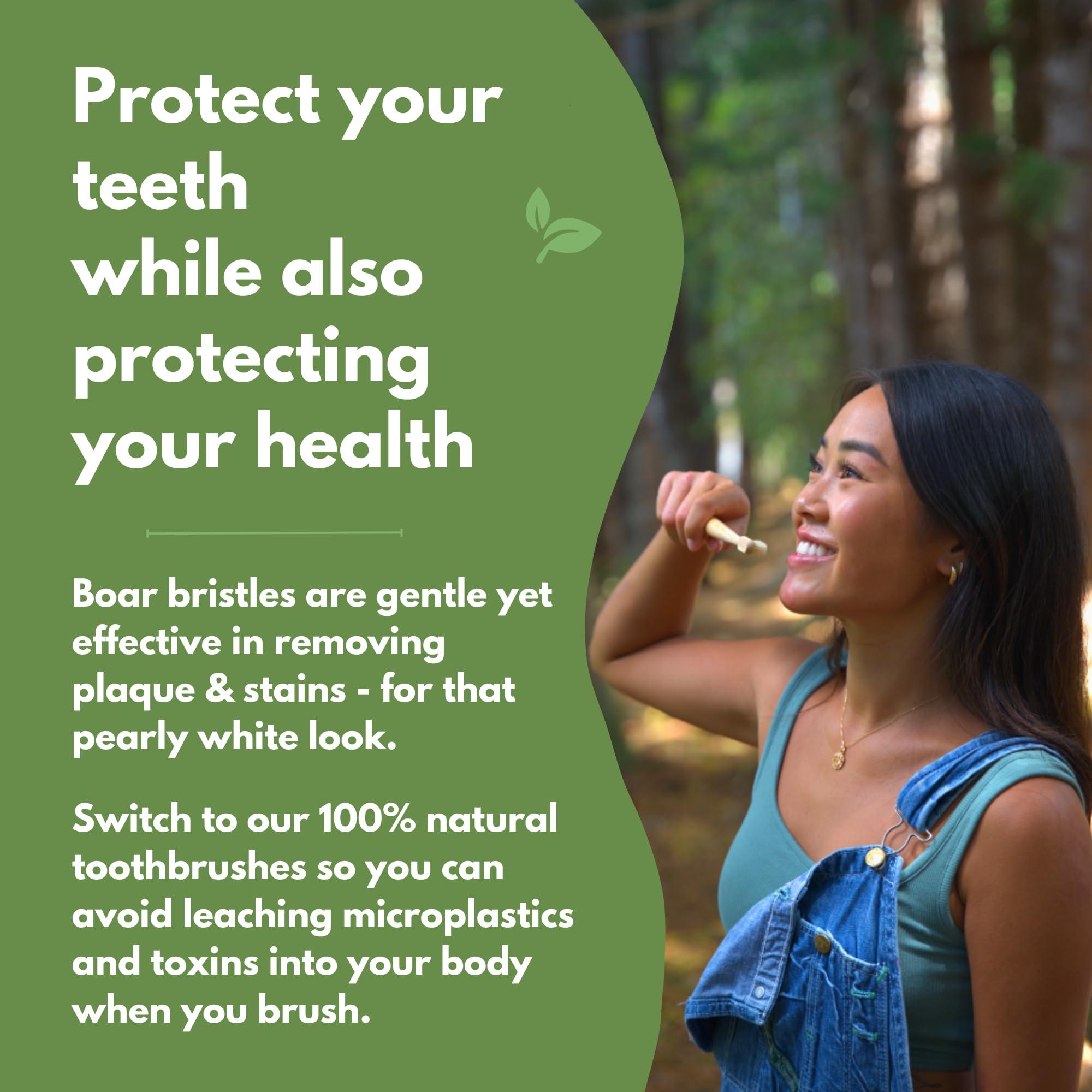 PRIMALS PRIMALS Boar Bristle & Bamboo Toothbrush (4-Pack) - Premium Boar Bristles - Fully Biodegradable - Plastic & Nylon Free - Quick Dry Design