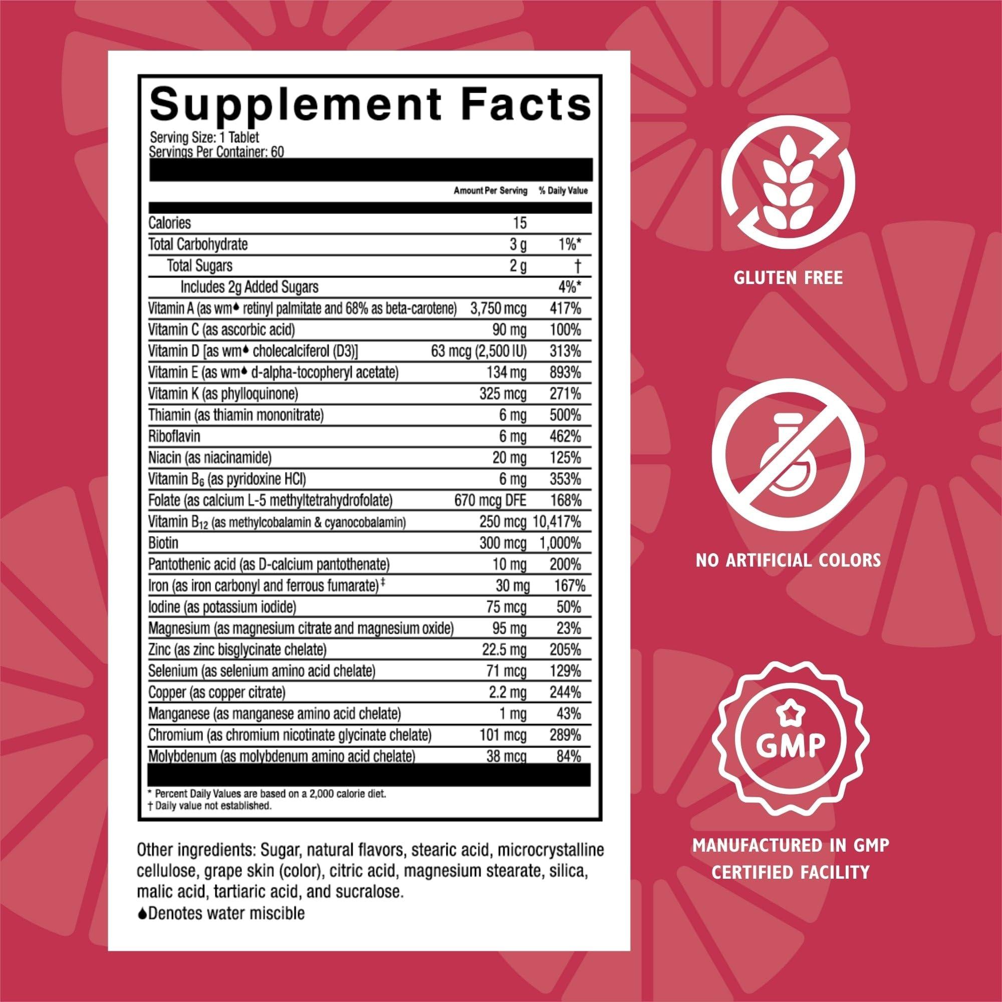 Celebrate Bariatric Supplements Celebrate Vitamins Multi ADEK Chewables, 60mg Iron - Daily Bariatric Multivitamin, Vitamins A, D, E, K & B12 for Duodenal Switch Surgery Patients - Grape (60 Tablets)