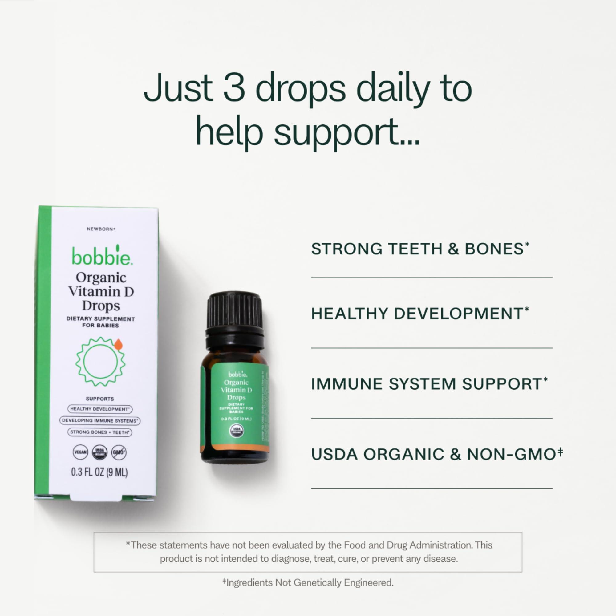 Bobbie Bobbie Organic Baby Vitamin D Drops, Daily Liquid Supplement to Support Development, Immune Health and Strong Teeth and Bones* in Newborn Babies and Infants, Vegan, Infant Vitamin D, 400 IU, 0.3 fl oz
