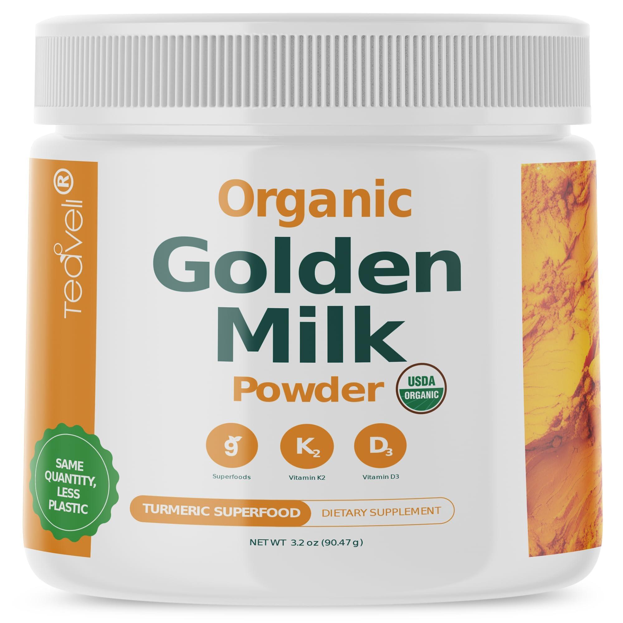 Teaveli Organic Golden Milk Powder with Vitamins D3 & K2, Turmeric, Ginger, Curcumin, Cinnamon, KSM66 Ashwagandha, Holy Basil & Natural Prebiotics Delicious Unsweetened Turmeric Tea Latte- 30 Servings
