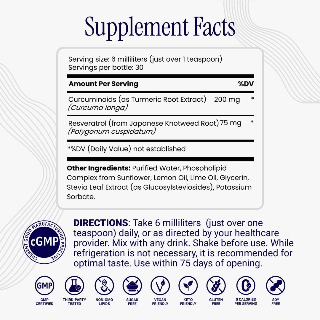 Rho Nutrition Rho Nutrition Liposomal Curcumin + Resveratrol (1 Pack) Ultra High Absorption Liquid Curcumin Supplement Promotes Joint Comfort, Mobility, Cellular Health and Overall Well-Being